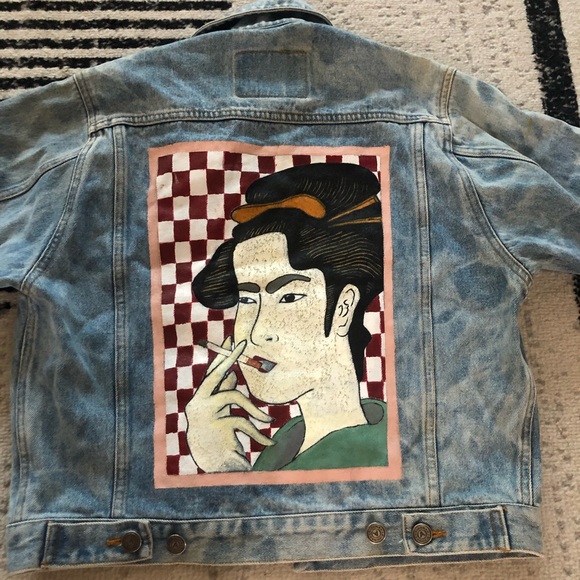 Painted Denim Jacket Japanese Geisha Girl - Picture 5 of 6
